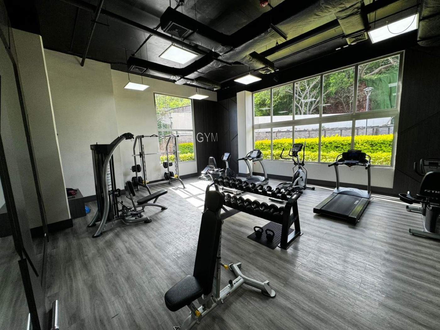 El gimnasio del conjunto, con ventanales hacia el verde